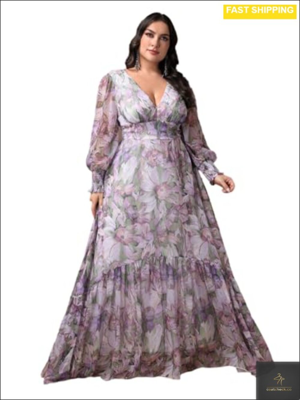 Plus Size V-Neck Floral Maxi Dress Long Sleeve Boho Vacation